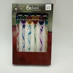 NIB VTG Holiday Time Set Of Six Glass Multicolor Whimsical Hanging Ornaments 6"L